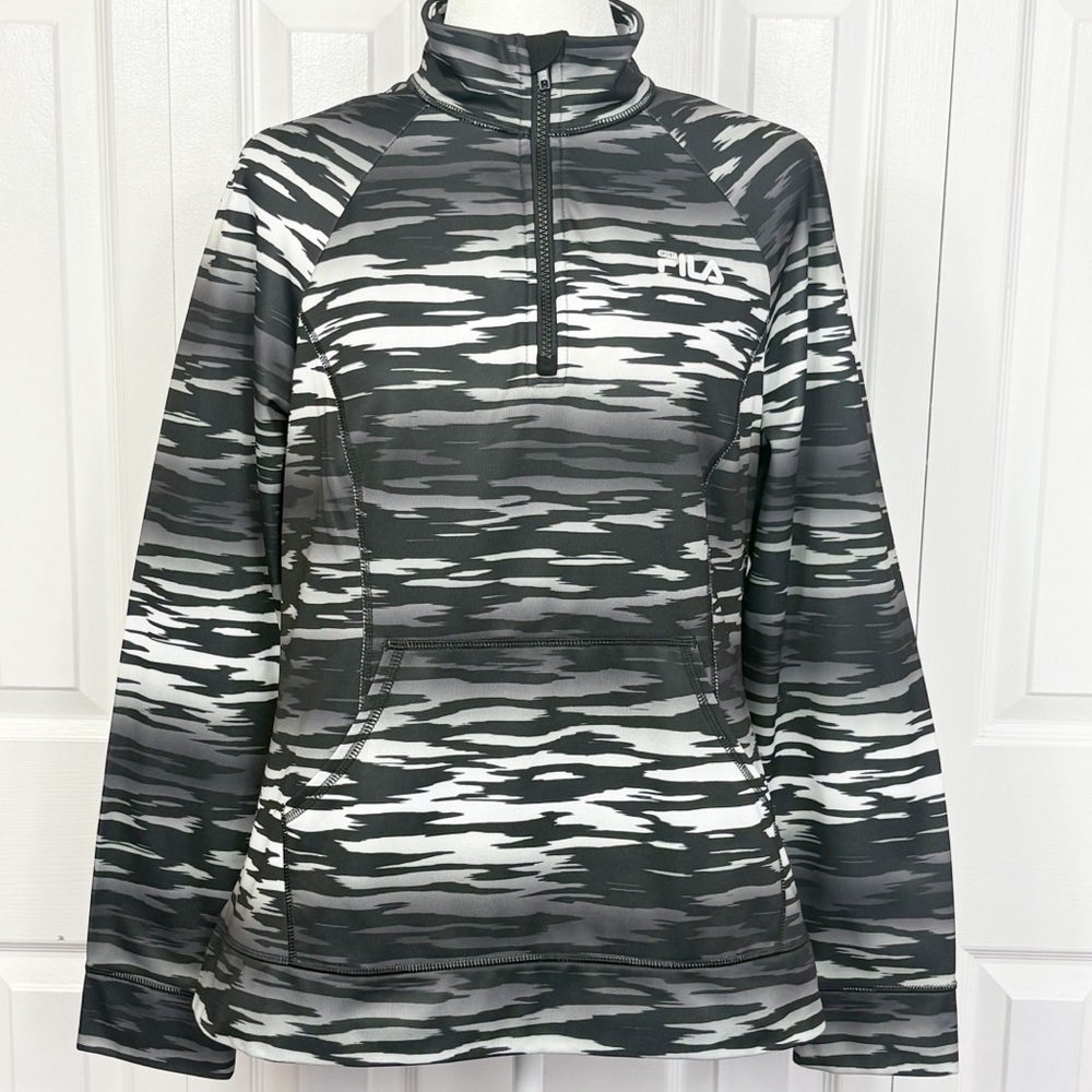 FILA Sport Gray & Black Zebra Stripe Long Sleeve 1/4 Zip Pullover Large